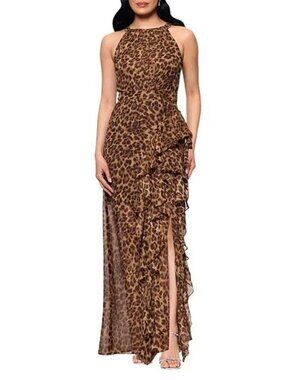Betsy & Adam Halter Neck Sleeveless Ruffled Leopard Print Dress